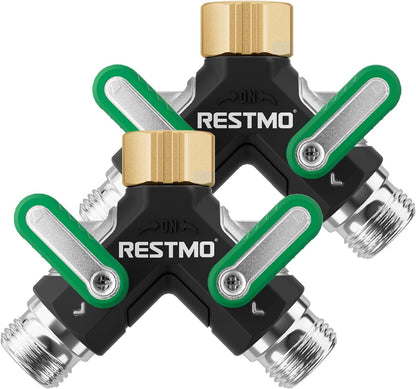 RESTMO 2 Way Garden Hose Splitter Heavy Duty Full Metal Body, Full Flow Design with Oversized Ball Valve, Y Outdoor Faucet Spigot Adapter with Extended Levers, 3/4" GHT Thread - Green 1 Pack