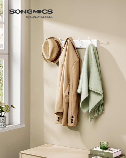 SONGMICS Wall-Mounted Coat Rack, Hook Rack, 4 Dual Metal Hooks, White | For Coats, Bags, Keys, in the Entryway, Bedroom, Living Room ULHR23WT
