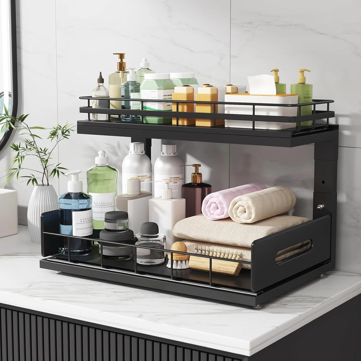 Under Sink Organizer Upgrade To Professional Rails,2-Tier Dual Pull Out Cabinet Storage,Height Adjustable Slide Out Drawers For Bathroom Kitchen,2 Pack-14.5" Dx12.8-16.9" H,White