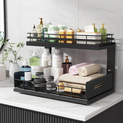 Under Sink Organizer Upgrade To Professional Rails,2-Tier Dual Pull Out Cabinet Storage,Height Adjustable Slide Out Drawers For Bathroom Kitchen,2 Pack-14.5" Dx12.8-16.9" H,White
