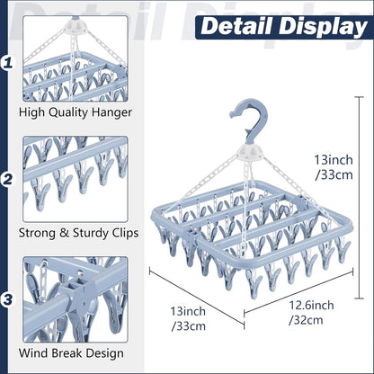Clothes Drying Rack with 32 Clothespins, Bule Foldable Hanging Drying Racks, 360° Rotatable Hook for Drying Towels Bras Baby Clothes Gloves Plastic, Clothes Drying Foldable-Bule