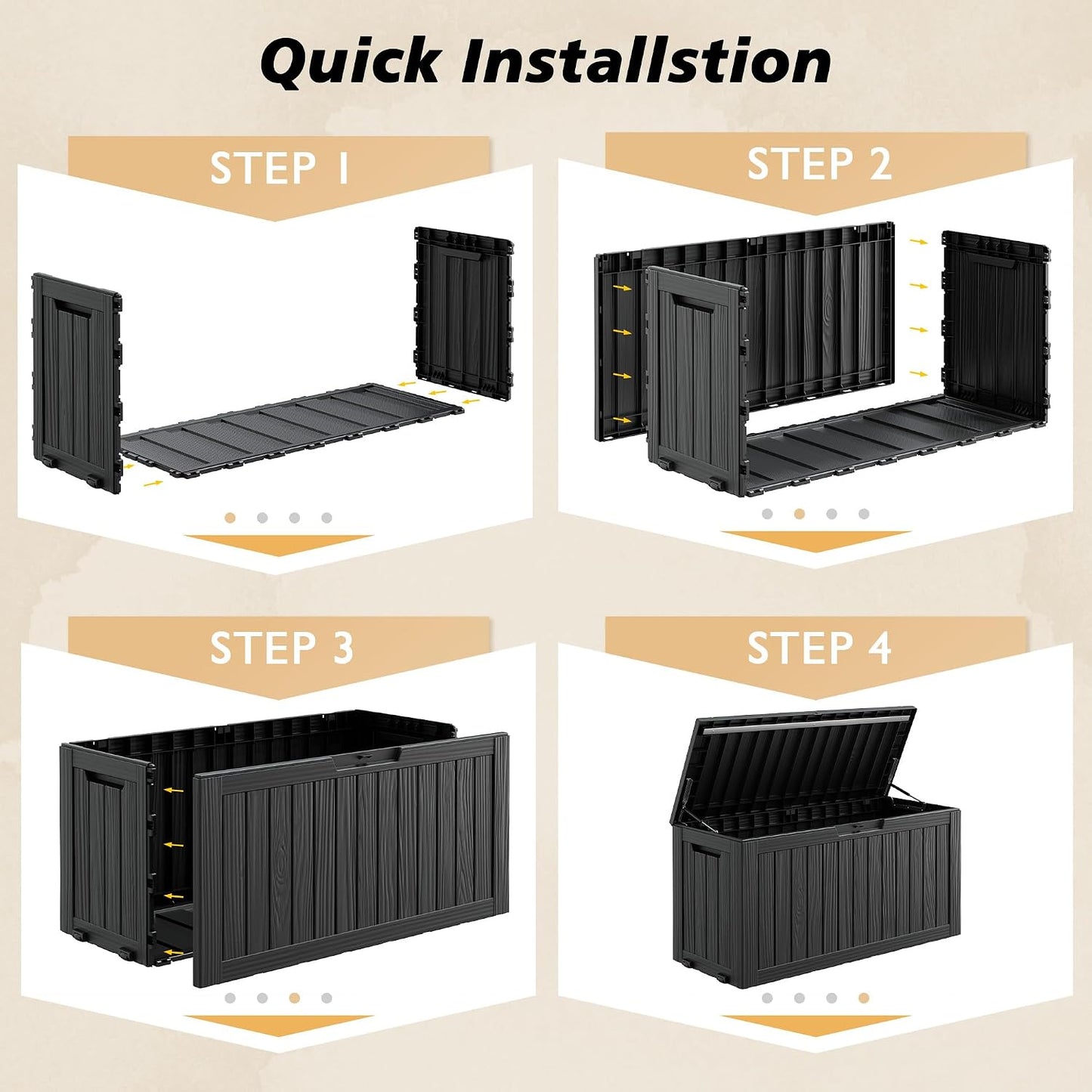 Fancyango 75 Gallon Outdoor Deck Box Waterproof, Large Storage Box for Patio, Resin Storage Bench Lockable for Garden Tools, Package Delivery, Black