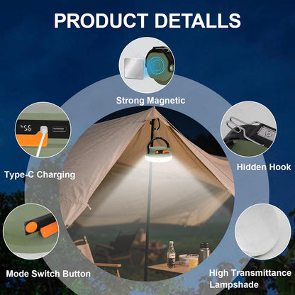 Camping Light Rechargeable, LED Camping Lantern for Power Outages, Waterproof Emergency Tent Light for Camping with Magnet Hook, Power Bank & Flashlight, 100W 6000mAh, Army Green