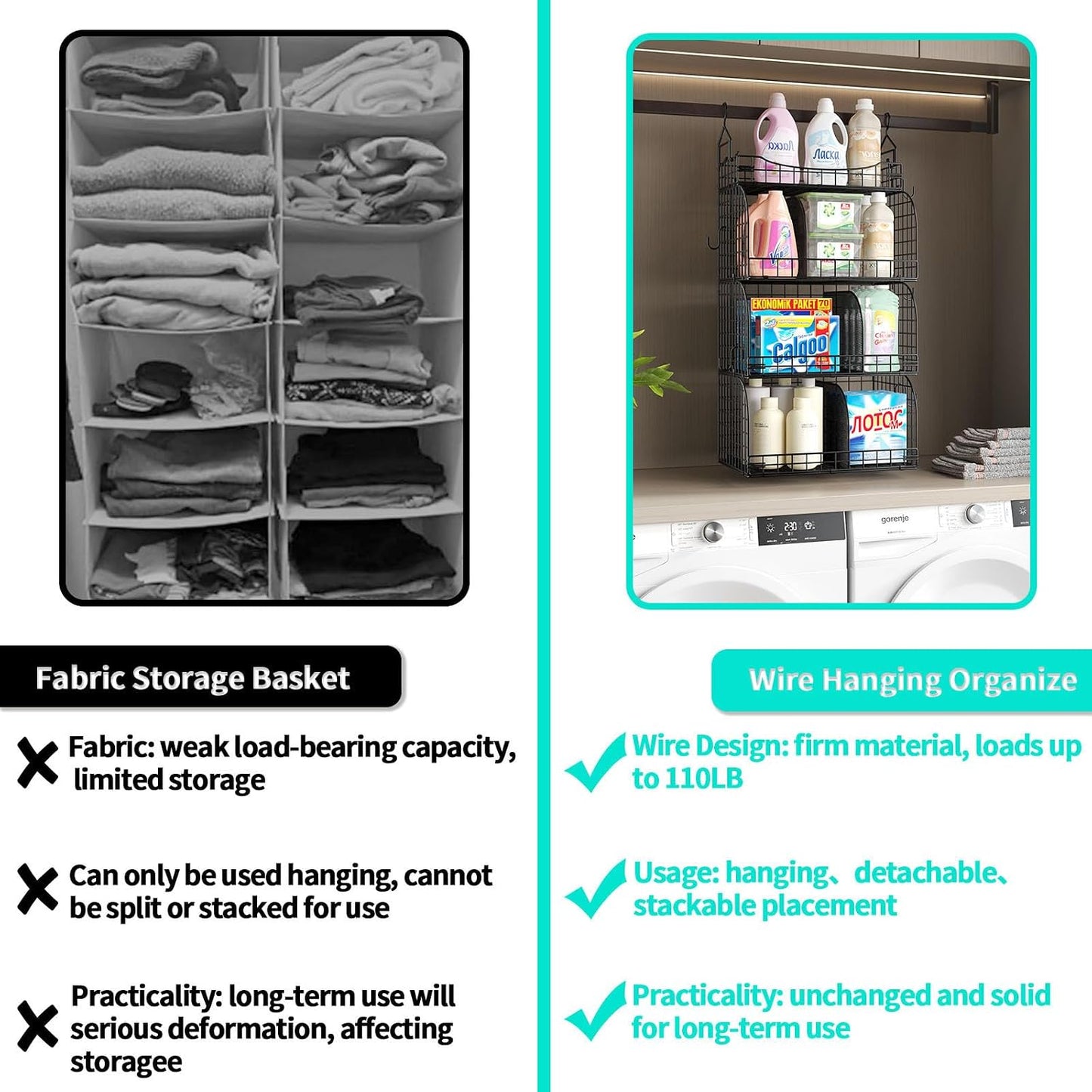 HapiRm Hanging Closet Organizer Storage - 3 Tier Metal Stackable Hanging Closet Shelves with Dividers and S Hooks, Foldable Clothes Shelves for Clothes, Pants, Shoes, Coat, Hats Clutches Accessories
