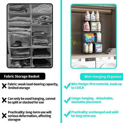 HapiRm Hanging Closet Organizer Storage - 3 Tier Metal Stackable Hanging Closet Shelves with Dividers and S Hooks, Foldable Clothes Shelves for Clothes, Pants, Shoes, Coat, Hats Clutches Accessories