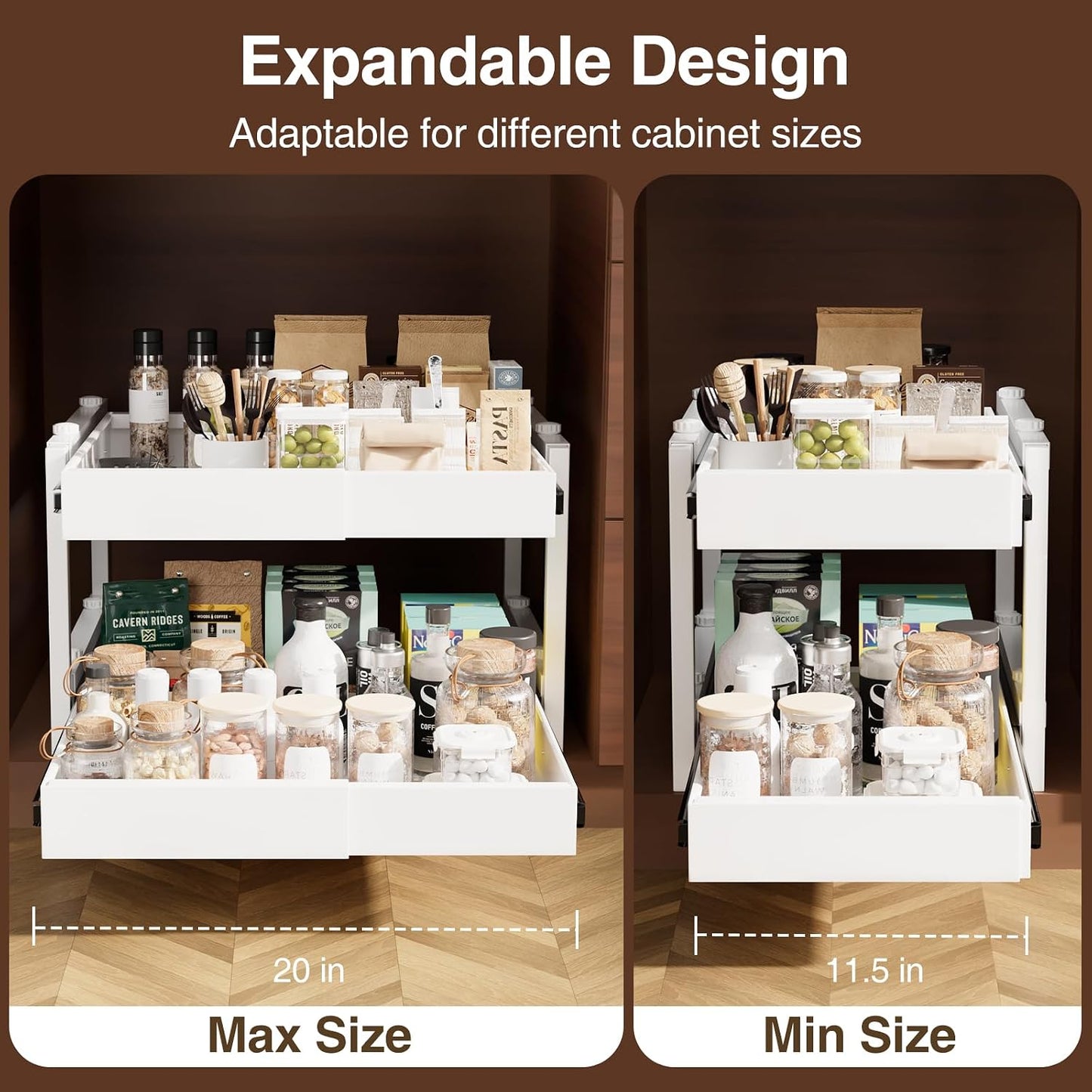 2-Tier Expandable Pull Out Cabinet Organizer, Heavy Duty Adjustable Width Metal Slide Out Shelf, No Screw Cabinet Storage Rack for Kitchen Bathroom 17in Depth Cabinet（Black）