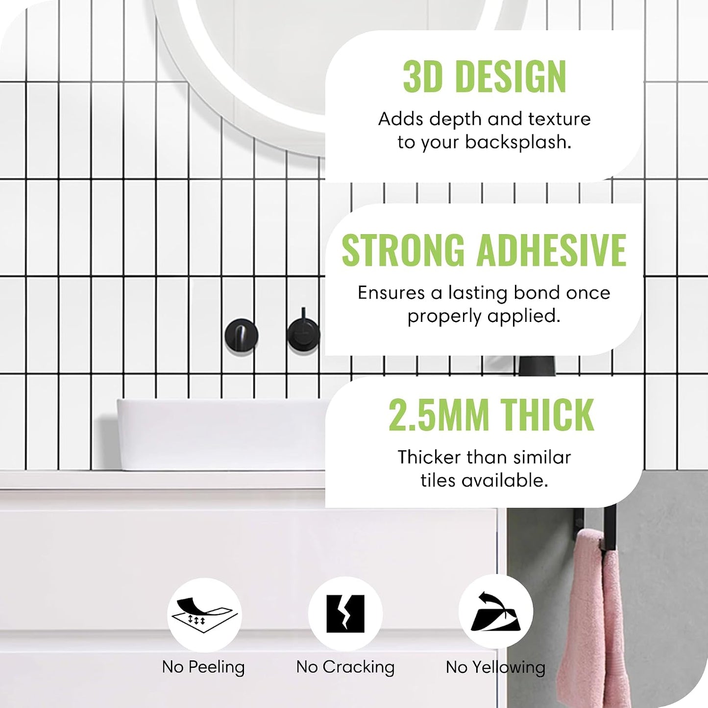 Peel and Stick Subway Backsplash Tiles, 5 Pack, 12 x 12 in, Almond | extra thick 3D wall panels, heat and water resistant wall panels, easy DIY kitchen, bathroom, laundry, fireplace wall décor