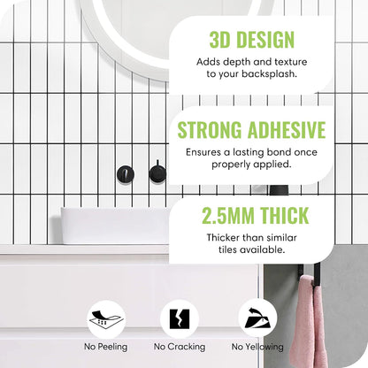 Peel and Stick Subway Backsplash Tiles, 5 Pack, 12 x 12 in, Almond | extra thick 3D wall panels, heat and water resistant wall panels, easy DIY kitchen, bathroom, laundry, fireplace wall décor