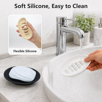 2 Pack Silicone Bar Soap Holder for Shower, Self-Draining Black Soap Dish Tray for Bathroom Sink, Kitchen Counter, Shower Niche/Shelf, Bathtub, Easy Cleaning Simple Oval Soap Saver Stand