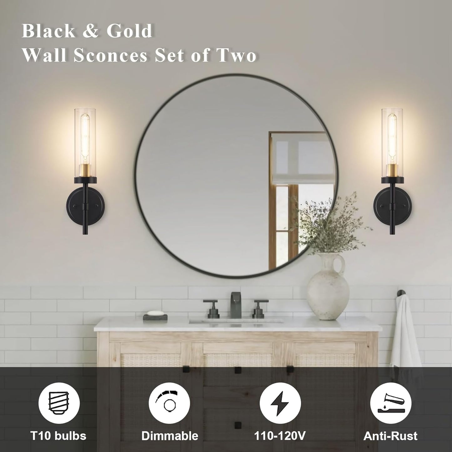 Wireless Wall Sconces with Remote Control, Battery Operated Wall Sconce Set of 2, Black & Gold Rechargeable Dimmable Wall Light for Bedroom Living room Bathroom Hallway Entryway Stairwell, 3000K