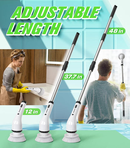 Electric Spin Scrubber, 3-Speed Flat End Brush with 8 Brush Heads & Base, Adjustable Long Handle, Digital Display, 2500mAh Fast Charging, for Bathroom, Tub, Tile, Floor（White