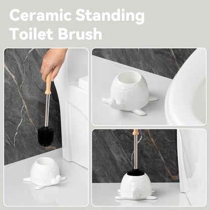 Toilet Brush and Holder Set, Ceramic Turtle Base Toilet Brush Set - 7.5” Bowl Cleaner, Toilet Scrubber Brush with Ergonomic Handle (Silver)