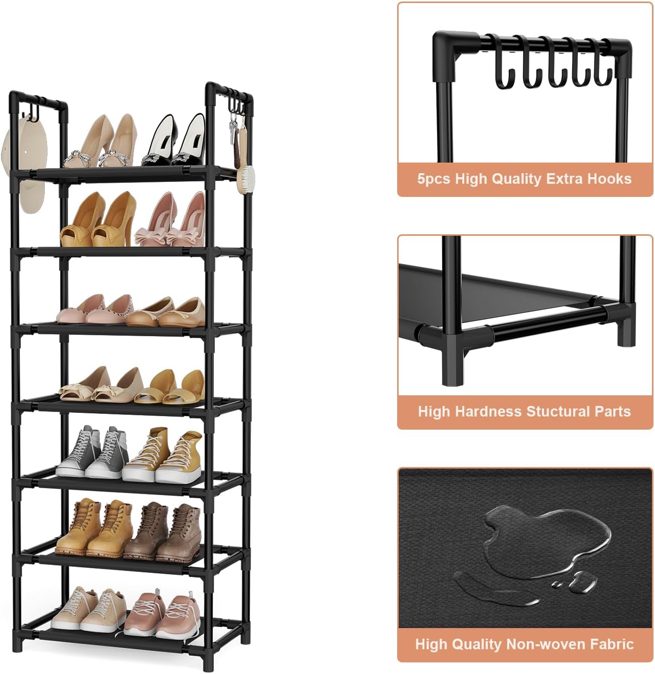 LANTEFUL 10 Tiers Tall Shoe Rack 20-25 Pairs Boots Organizer Storage Sturdy Narrow Shoe Shelf for Entryway, Closets with Hooks, Black