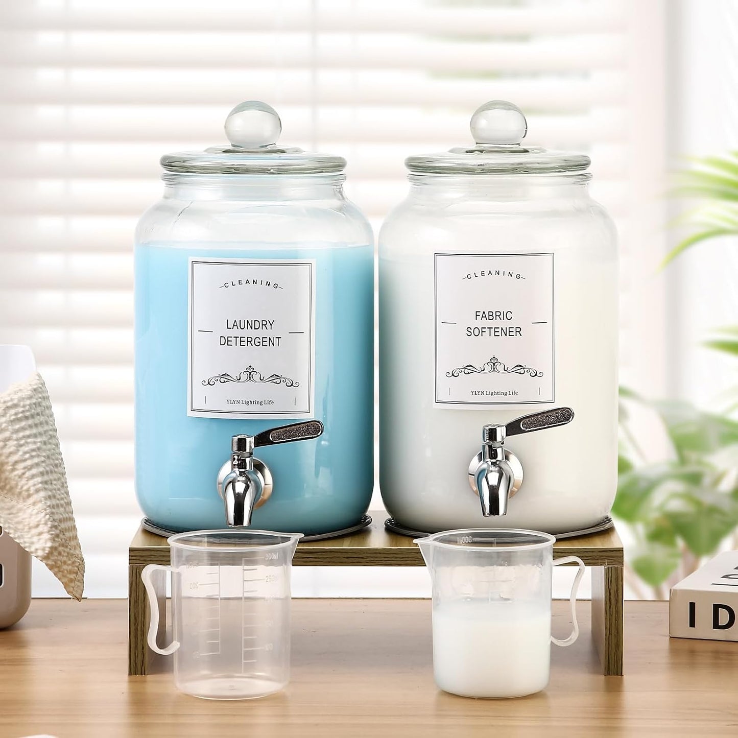 2-Pack Glass Laundry Detergent Dispenser with Stand, 106oz Leak-Proof Glass Fabric Softener Dispenser- Laundry Soap Dispenser-Reusable Container for Kitchen & Bathroom Storage