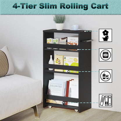 MARTY Slim Rolling Storage Cart 4-Tier Kitchen Cart with Wheels, Laundry Room Storage with Handle Slide Out Utility Cart Shelving Unit Organizer Trolley for Narrow Places Bathroom Small Corner, Black