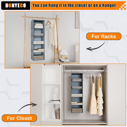 Hanging Closet Organizer 3-Shelf, Oxford Fabric Wardrobe Storage, Gray | Easy-mount foldable design holds clothes, handbags, shoes & accessories; washable Oxford fabric, sturdy and space-saving.