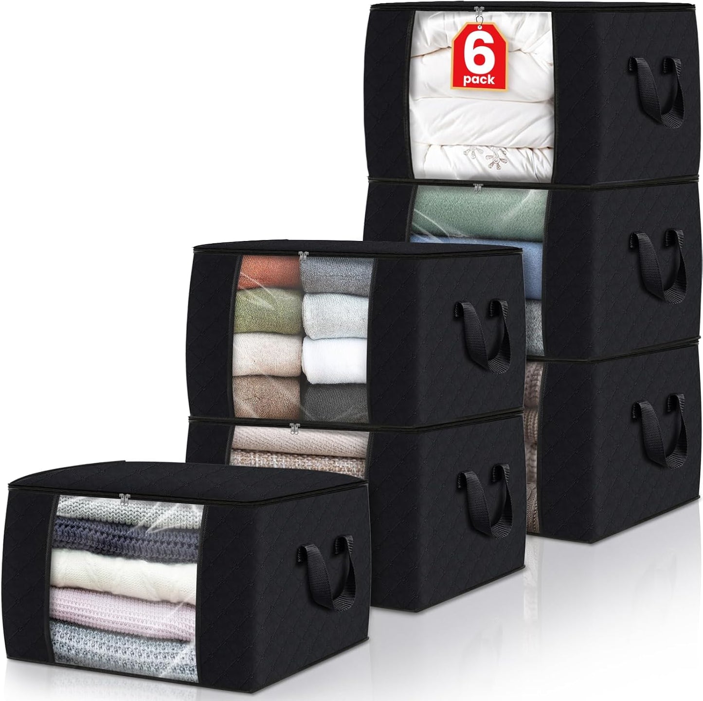 Fab totes 6 Pack Storage Bags for Clothes and Blanket, Foldable Closet Organizers and Storage with Zippers, Clear Window and Handles, Fabric Storage Bins for Sweater, Comforter, Bedding,Linen Sheets