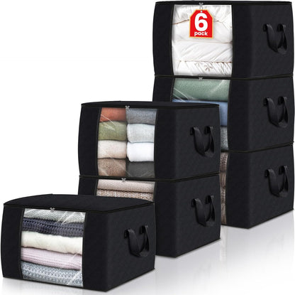Fab totes 6 Pack Storage Bags for Clothes and Blanket, Foldable Closet Organizers and Storage with Zippers, Clear Window and Handles, Fabric Storage Bins for Sweater, Comforter, Bedding,Linen Sheets