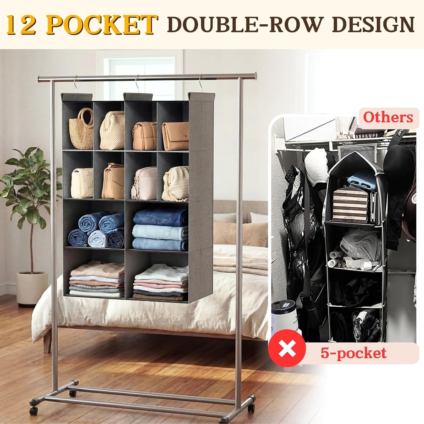 Ofiray-home 6 Tier Hanging Closet Organizer, 16 Compartments Sweater Organizer for Closet with 3 Sturdy Hooks, Closet Organizers and Storage, Wardrobe, Rv, Garment Rack, Grey