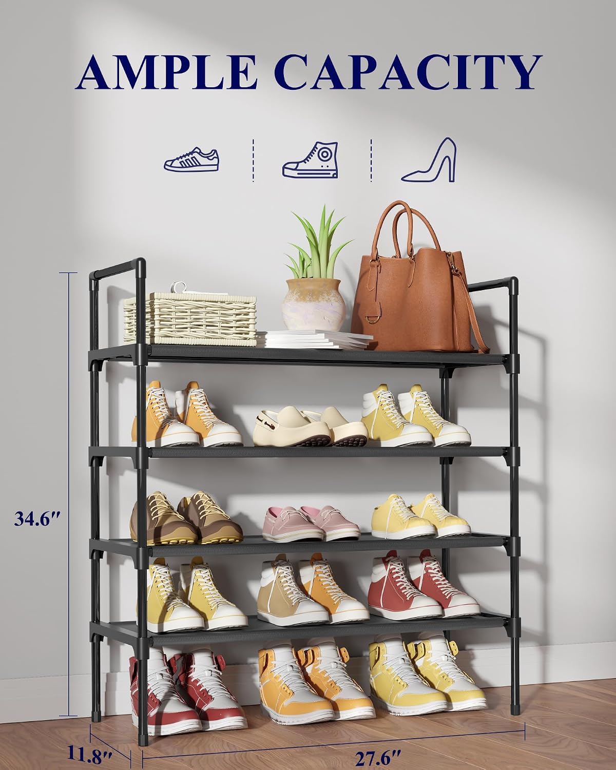 Kitsure Shoe Rack - 3-Tier Shoe Organizer, Shoe Rack for Closet, Entryway, Bedroom, Easy- Assembly Storage Shelf with Side Handles, 27.6" Wide - 3 Tiers, Grey