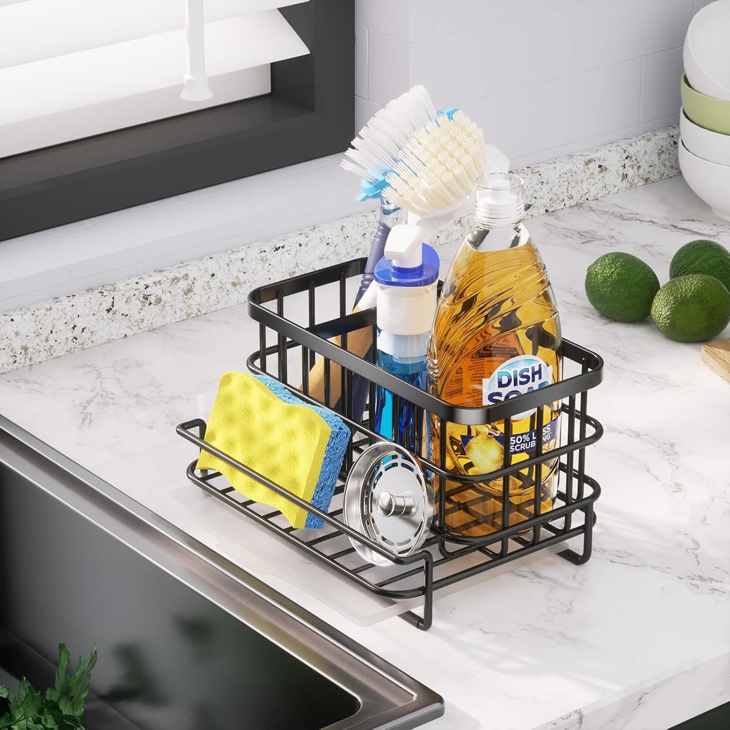 HapiRm Kitchen Sink Organizer, SUS304 Stainless Steel Rustproof Multifunctional Large Sink Caddy with Sponge Holder and Drain Tray for Kitchen Countertop (Silver)