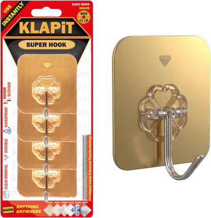 KLAPiT Super Hook - Heavy-Duty Adhesive Clear Wall Hooks Made of Stainless Steel, Holds up to 11 lbs, Waterproof, No Damage, Easy Install on Tile, Wood, Stone, Glass & Metal (Clear, 8pc)