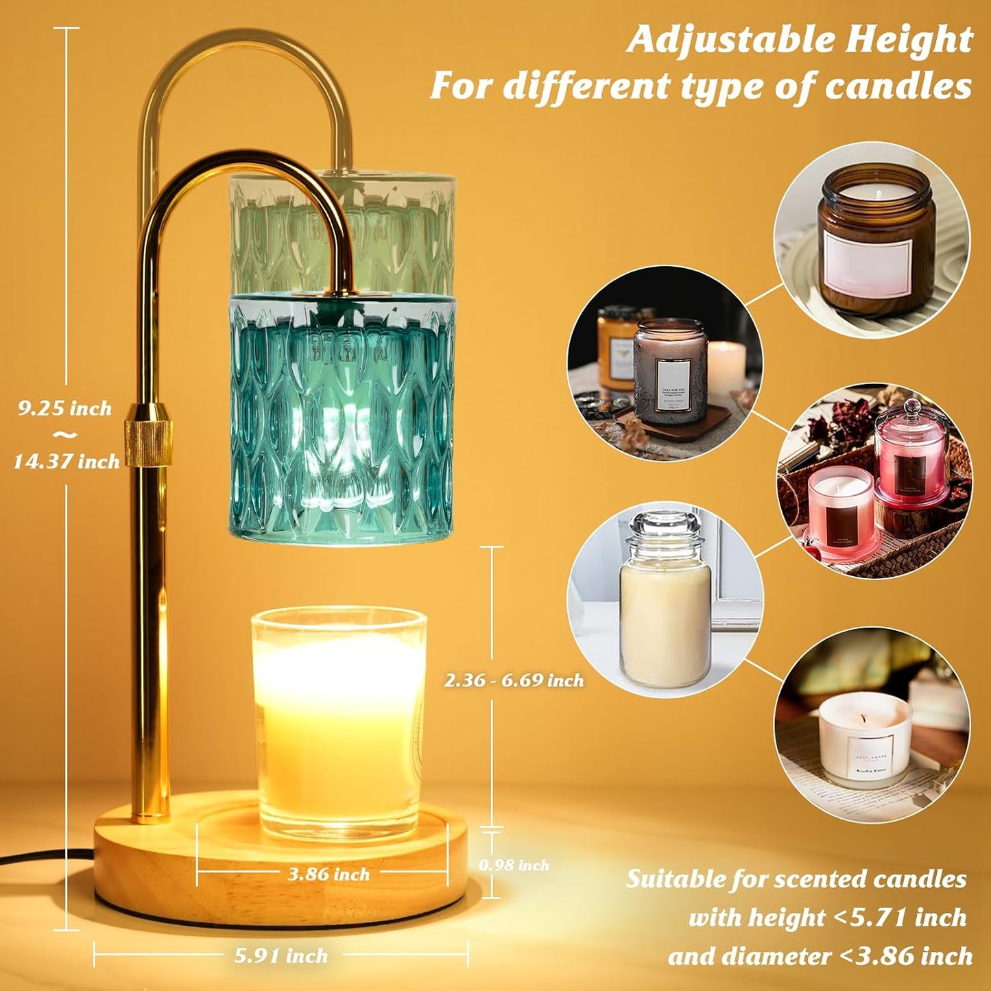 Candle Warmer Lamp with Timer and Dimmable, Electric Wax Melt Candle Warmers Height Adjustable with 2 Bulbs, Birthday Gifts for Women House Warming, Home Decor for Scented Jar Candles(Clear)