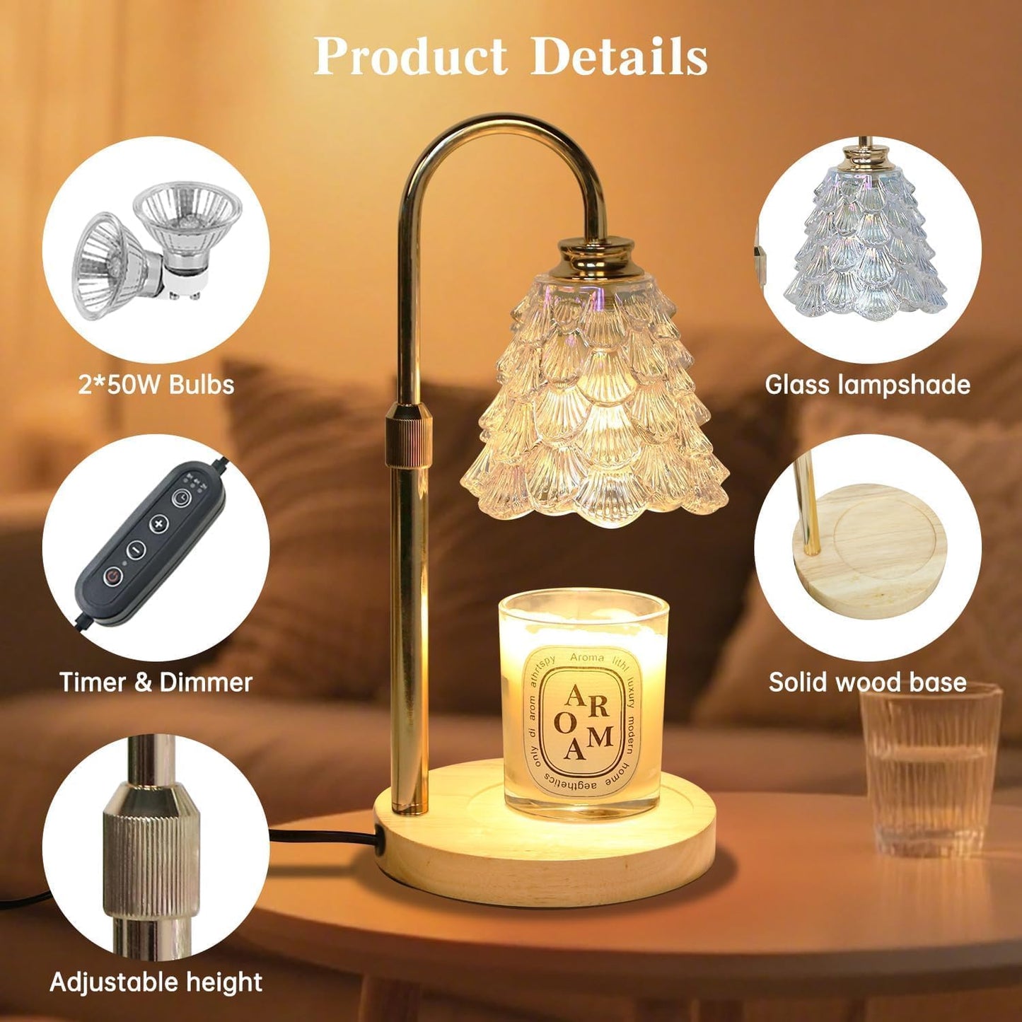 Fragrance Candle Warmer Lamp with 2 Bulbs Electric Candle Warmer with Timer & Dimmer for Home Decor