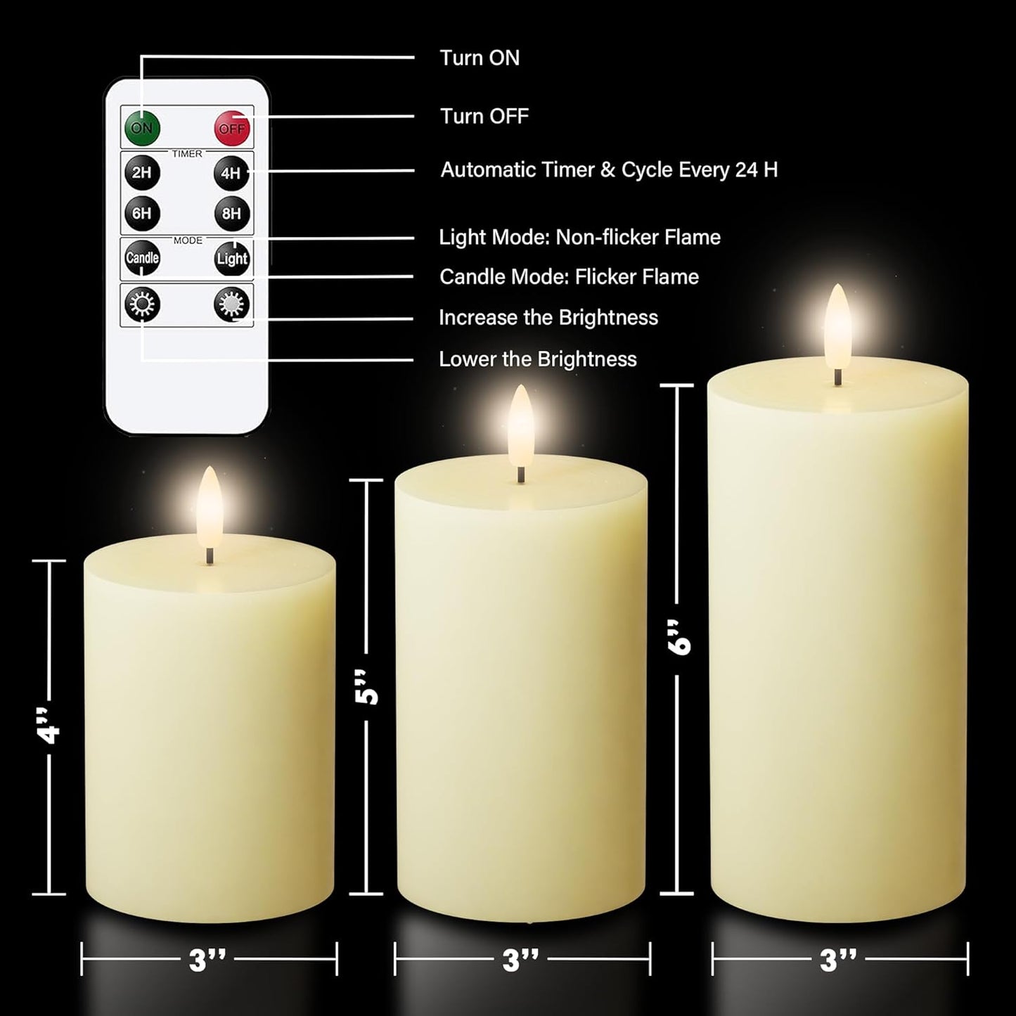 JOIONE Flameless Pillar Candles with Remote, 3 Pack Battery Operated Real Wax LED Candles, LED Candle that Perfect for Home Decorations Fireplace Table, White