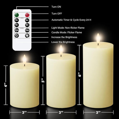 JOIONE Flameless Pillar Candles with Remote, 3 Pack Battery Operated Real Wax LED Candles, LED Candle that Perfect for Home Decorations Fireplace Table, White