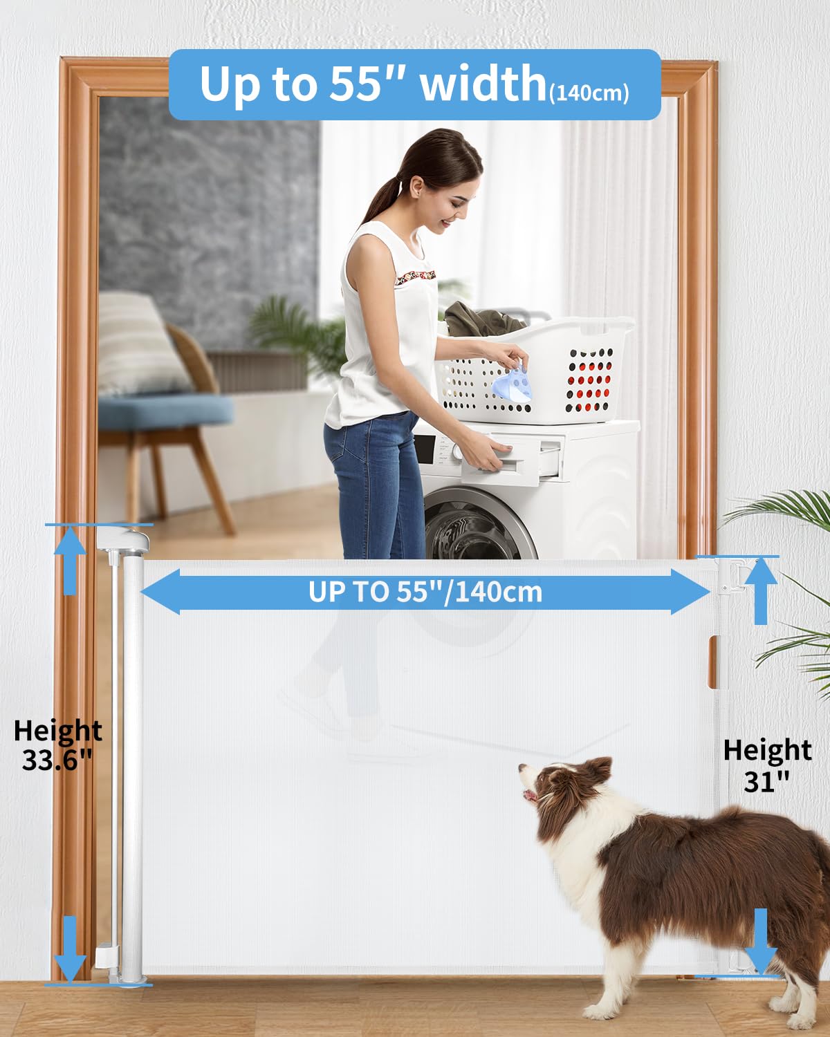 Veraste Retractable Baby Gate for Doorways and Stairs, Mesh Safety Gate for Pet, Indoor & Outdoor Use, One-Hand Operation, Easy Installation, 33.6" Tall, Expands to 55" Wide（White,33.6"x55"
