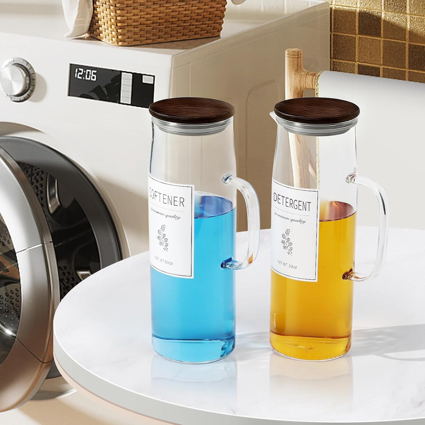 Laundry Detergent Dispenser Set with Labels and Handle for Laundry Room Organization and Storage- Easy Pour 2 Pack 50 oz Liquid Laundry Containers for Laundry Room Decor, Farmhouse Decor