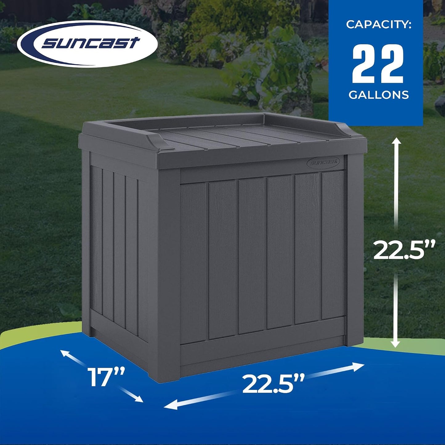 Suncast Outdoor Storage Box - 22 Gallon Stone Gray Resin Outdoor Deck Box with Seat, Weatherproof Patio Storage Bin Container for Keeping Cushions, Tools, & Towels for Pool, Yard, & Garden