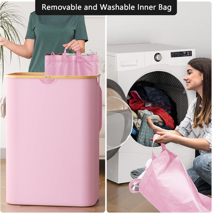 SpaceAid Double Laundry Hamper 2 Section with Lid and Removable Laundry Bags, 160L Clothes Basket with Bamboo Handles, Large Collapsible Hamper for Bedroom, Bathroom, Dorm, Laundry Room - White