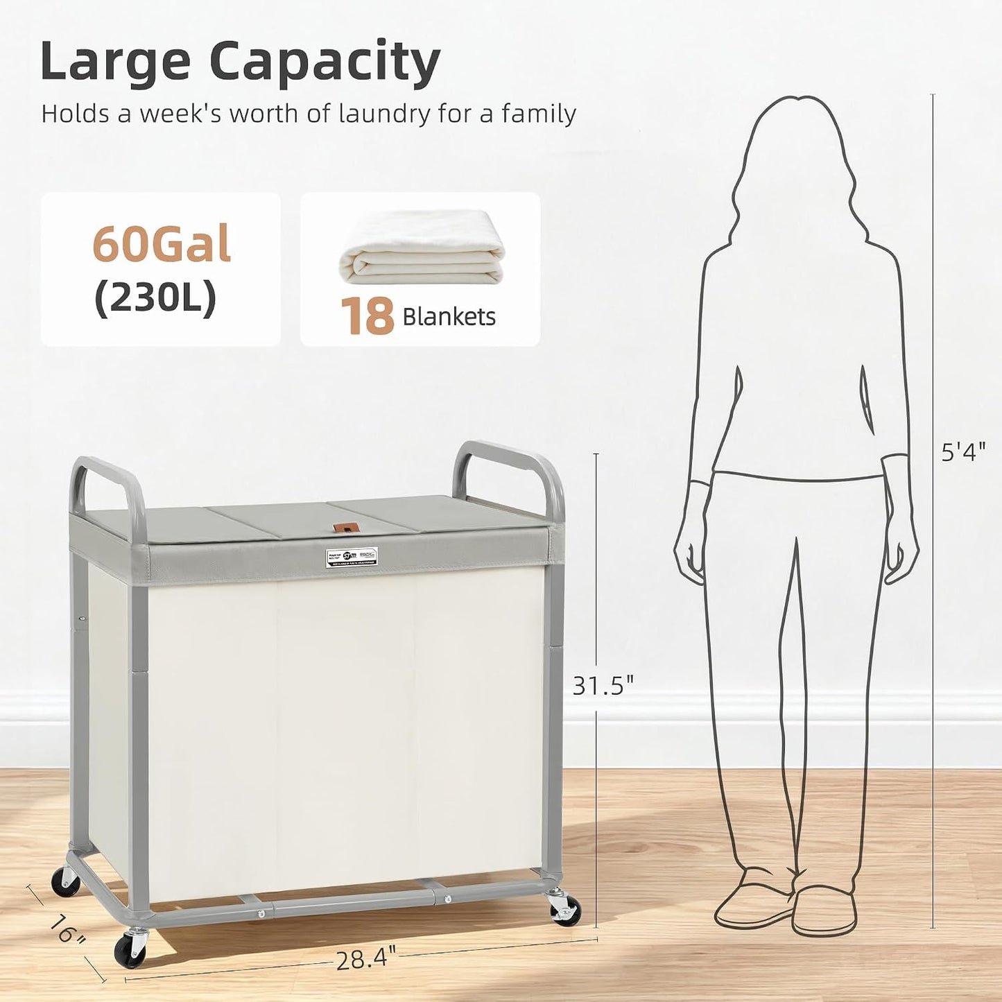 STORAGE MANIAC 3 Section Laundry Sorter, 60 Gal. Laundry Hamper Cart with Heavy Duty Rolling Lockable Wheels and Removable Bags, Clothes Organizer Basket Clothes Separator Hamper, Beige with Lid