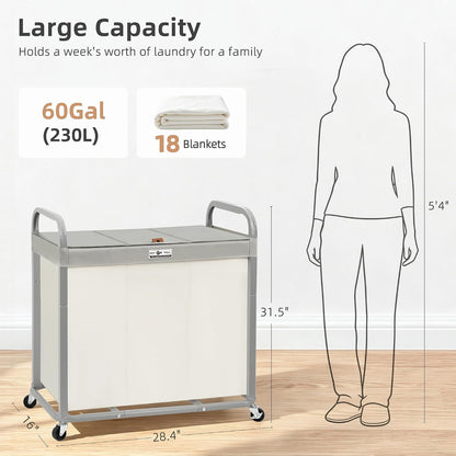 STORAGE MANIAC 3 Section Laundry Sorter, 60 Gal. Laundry Hamper Cart with Heavy Duty Rolling Lockable Wheels and Removable Bags, Clothes Organizer Basket Clothes Separator Hamper, Beige with Lid