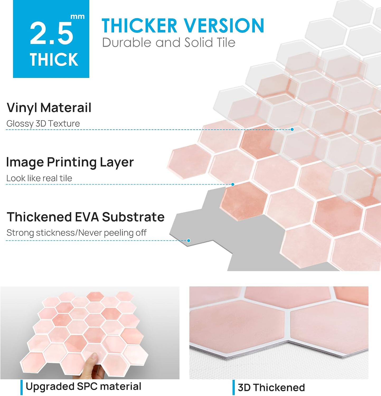 10-Sheet Hexagon Peel and Stick Backsplash for Kitchen, New Upgrade Premium Extra Thicker Design 3D Self Adhesive Wall Tiles, Large Stick on Tiles for Kitchen and Bathroom (12" x 12")