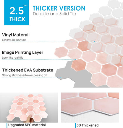 10-Sheet Hexagon Peel and Stick Backsplash for Kitchen, New Upgrade Premium Extra Thicker Design 3D Self Adhesive Wall Tiles, Large Stick on Tiles for Kitchen and Bathroom (12" x 12")