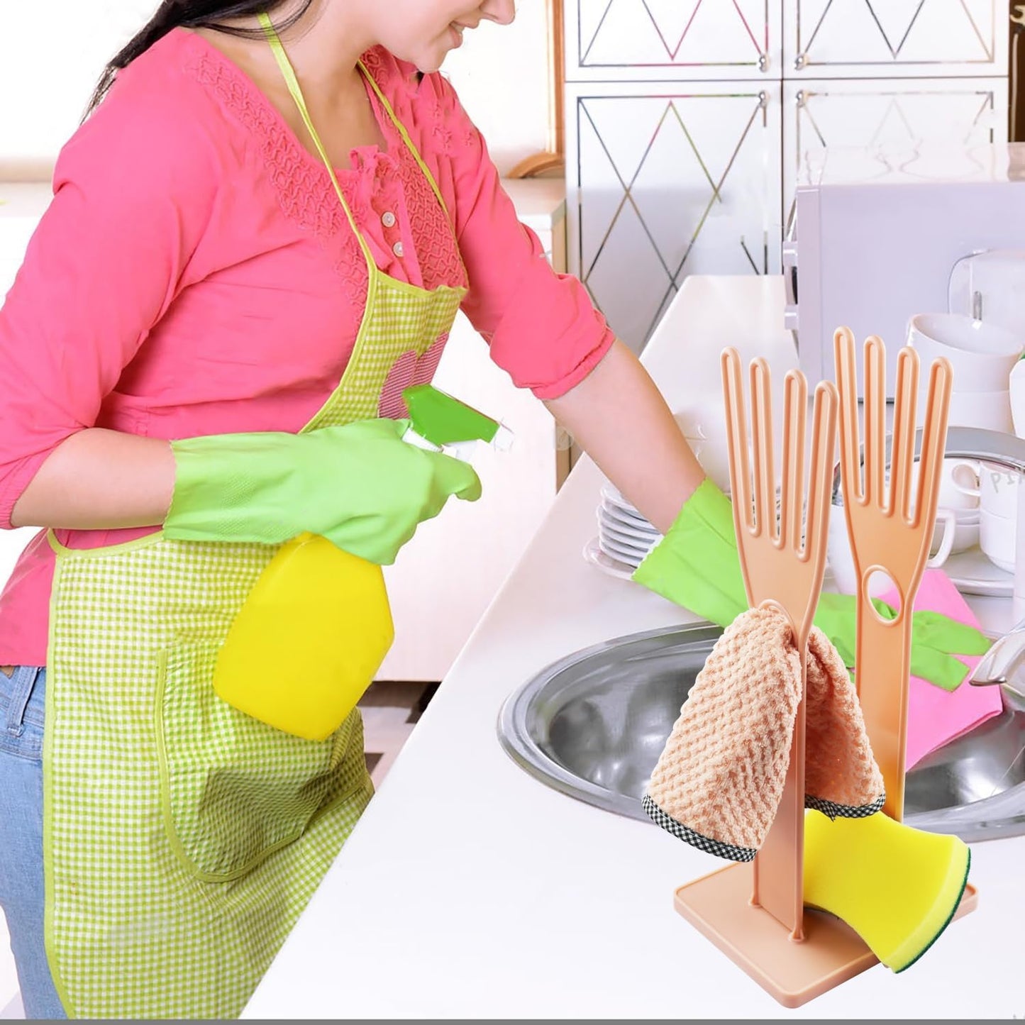 Kitchen Glove Holder - Reusable Plastic Dish Holder with Water Collection Tray, Countertop & Sink Rubber Glove Dryer, Space-Saving Organizer for Kitchen/Bar/Hotel, Pink (1 Pack)