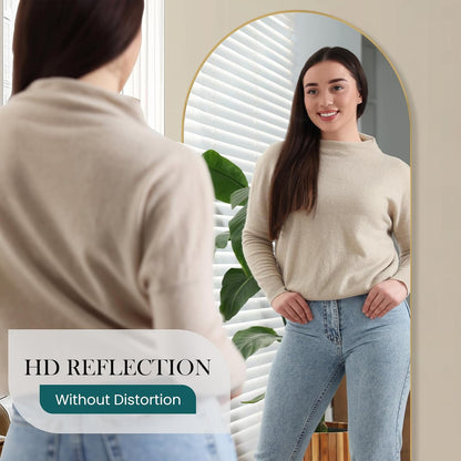 DUMOS 64"x21" Arched Full Length Floor Mirror, Full Body Mirror with Stand, Shatterproof Tempered Glass, Modern Aluminum Alloy Frame, Free Standing or Leaning for Home Decor, Gold