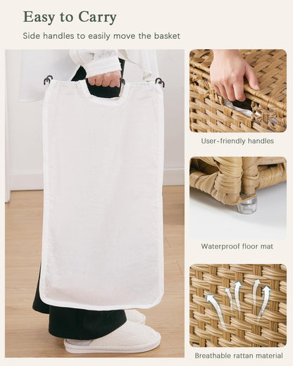 SETVSON Laundry Hamper with Lid Laundry Basket 132 L (35 Gal) Wicker Clothes Hamper, Handwoven Rattan Hamper with Handles and 4 Removable Liner Bags, 6 Mesh Bags for Laundry Bedroom Natural