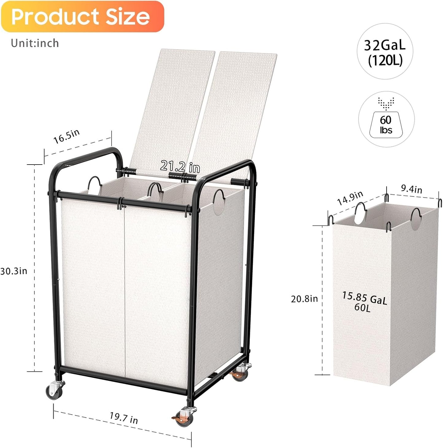 180L (47.55 Gal) Laundry Sorter 3 Section, Rolling Laundry Basket with Lockable Wheels and Lid, Laundry Hamper with 3 Separated Removable Bags Dirty Clothes Hamper for Laundry Room Organizer, Black