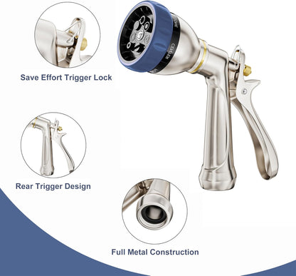 HOSUN Heavy Duty Garden Hose Nozzle, 100% Metal Adjustable Water Sprayer with 7 Spray Patterns, Leak-Proof Rear Trigger with Lock, High Pressure Hose End for Lawn Watering, Car Wash, Pet Cleaning