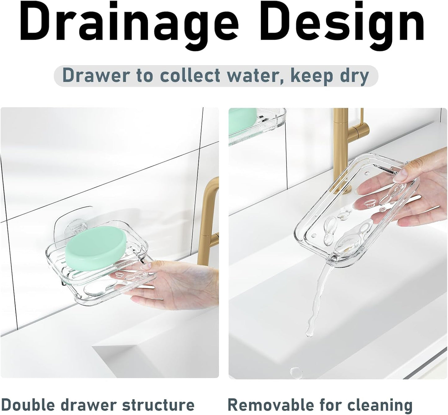 Soap Dish for Shower Clear Soap Holder Pull-Out Water Tray No Drilling Required Strong Fixation for Rv Bathroom and Kitchen Easy（1 Pack）