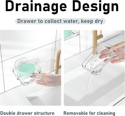 Soap Dish for Shower Clear Soap Holder Pull-Out Water Tray No Drilling Required Strong Fixation for Rv Bathroom and Kitchen Easy（1 Pack）