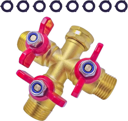 Upgraded Full-Flow Brass Garden Hose Splitter, 3/4 Inch，2-Way Y Connector for Outdoor Faucet, Heavy-duty Handle & Individual Shut-Off Valves, Ideal for Garden Irrigation & Cleaning Tasks