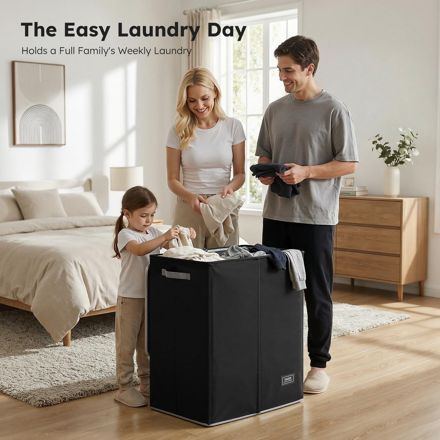 SOLEDI Luxury Double Laundry Hamper with Lid and Removable Bags, 38.3 Gal Large Laundry Bin, Laundry Basket 2 Sections, Collapsible Clothes Hamper for Bedroom, Laundry Room, Bathroom, Off-white