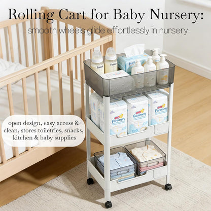 2 Tier Rolling Cart with Wheels for Under Desk Storage, Heavy Duty Plastic Short Small Utility Cart for Small Space Bathroom Vanity Makeup Organizer Pantry, 4.7'' Deep Baskets for Tall Bottles