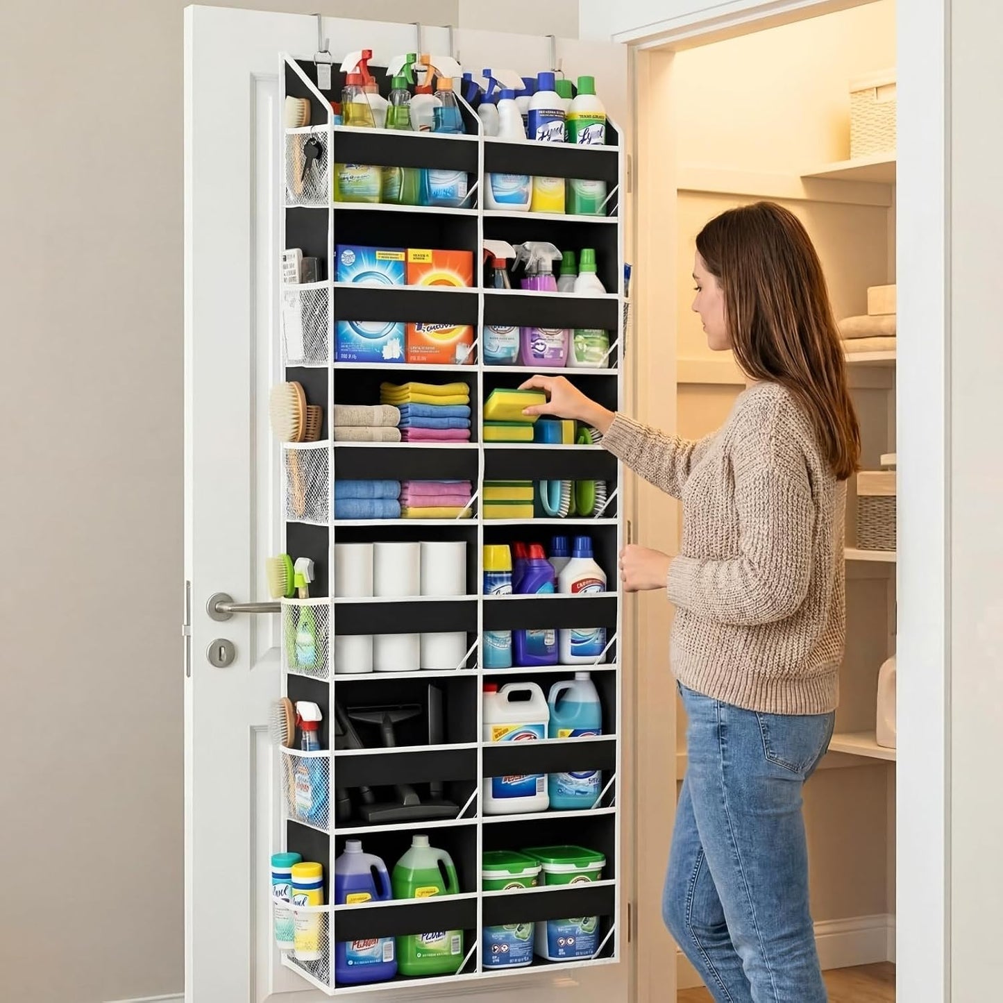 Over The Door Organizer, 5-Tier Extra Large Behind Door Storage with 10 Big Front & 10 Mesh Pockets, 80lb Capacity, Hanging Storage Organizer with Clear Window Kids Toys, Shoes, Diapers, Light Grey