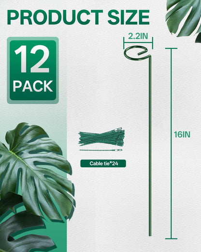 12 Pack 16 In Metal Plant Stakes, Plant Support Stakes with 15 Twist Ties | Plant Supports, Flower Stakes for Indoor Outdoor Plants, Peony, Tomato Seedling, Marigold, Amaryllis, Sapling, Coreopsis